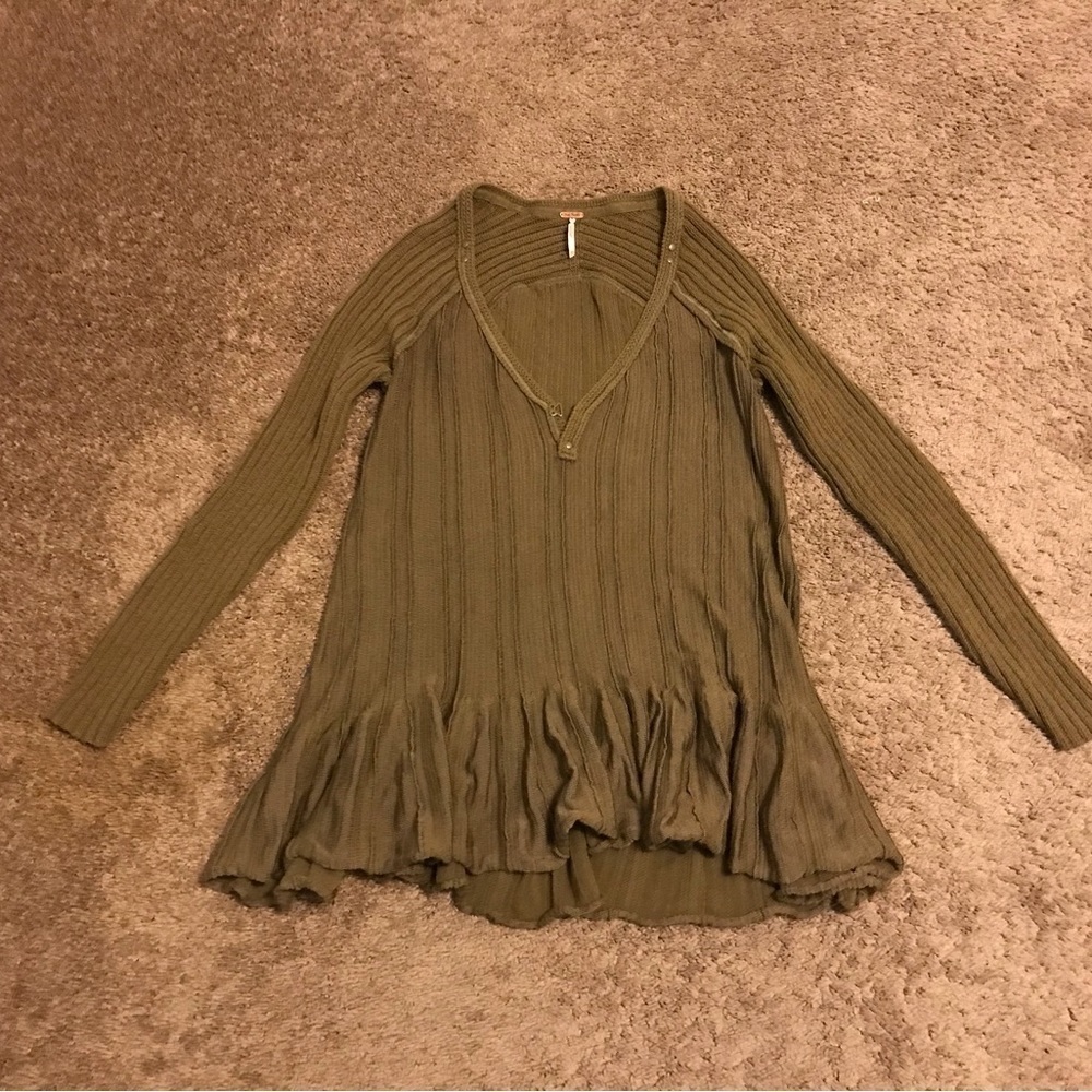 Free People Ribs & Ruffles Tunic Top Sweater Dress knit Hunter Green XS